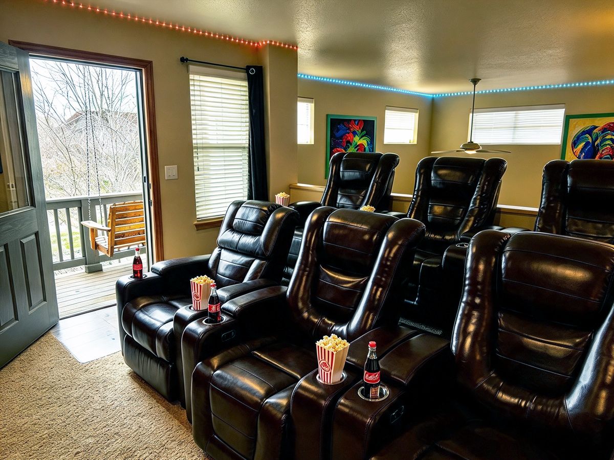Sala de cinema em casa com poltronas de couro reclináveis, pipoca e refrigerante.