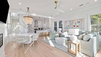 Smart TV, fireplace, books