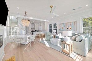 Smart TV, fireplace, books