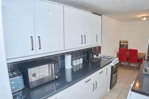 Fridge, microwave, oven, electric kettle