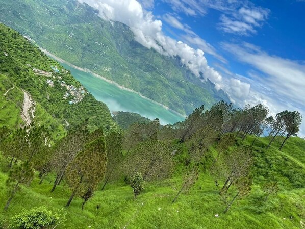 A lush green landscape with a clear view of a turquoise lake and distant mountains. - Surya Lake View Retreat (Tehri)