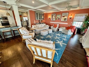 Télévision, cheminée, livres, chaîne hi-fi