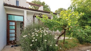 A white building with a brown door and window, surrounded by a garden with white flowers and green foliage.