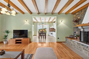 TV, fireplace, table football