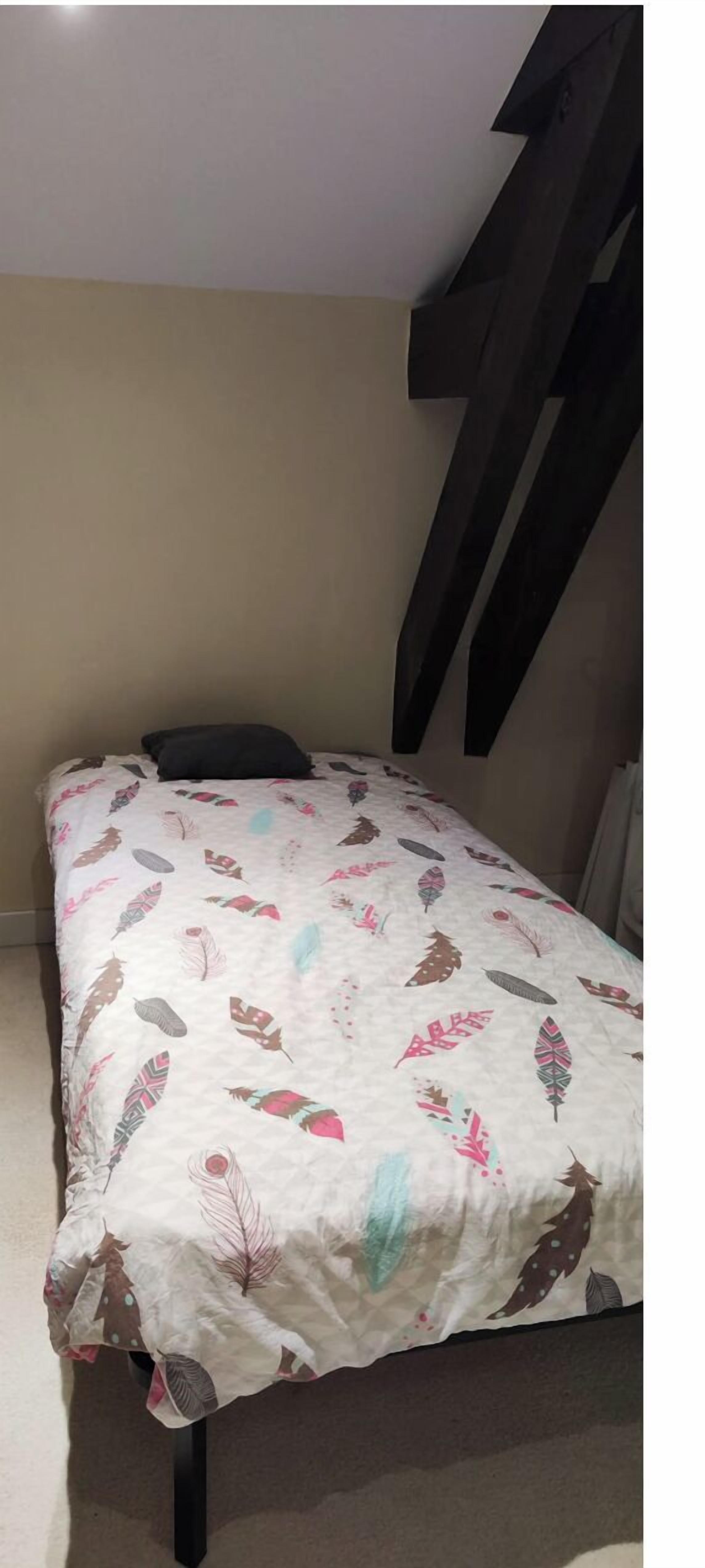 Een slaapkamer met een bed, een donker hoofdeinde en een schuin dak.