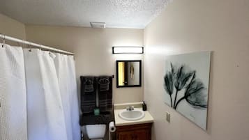 Hair dryer, towels, soap, toilet paper
