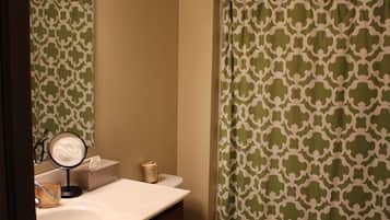 Hair dryer, towels, soap, toilet paper