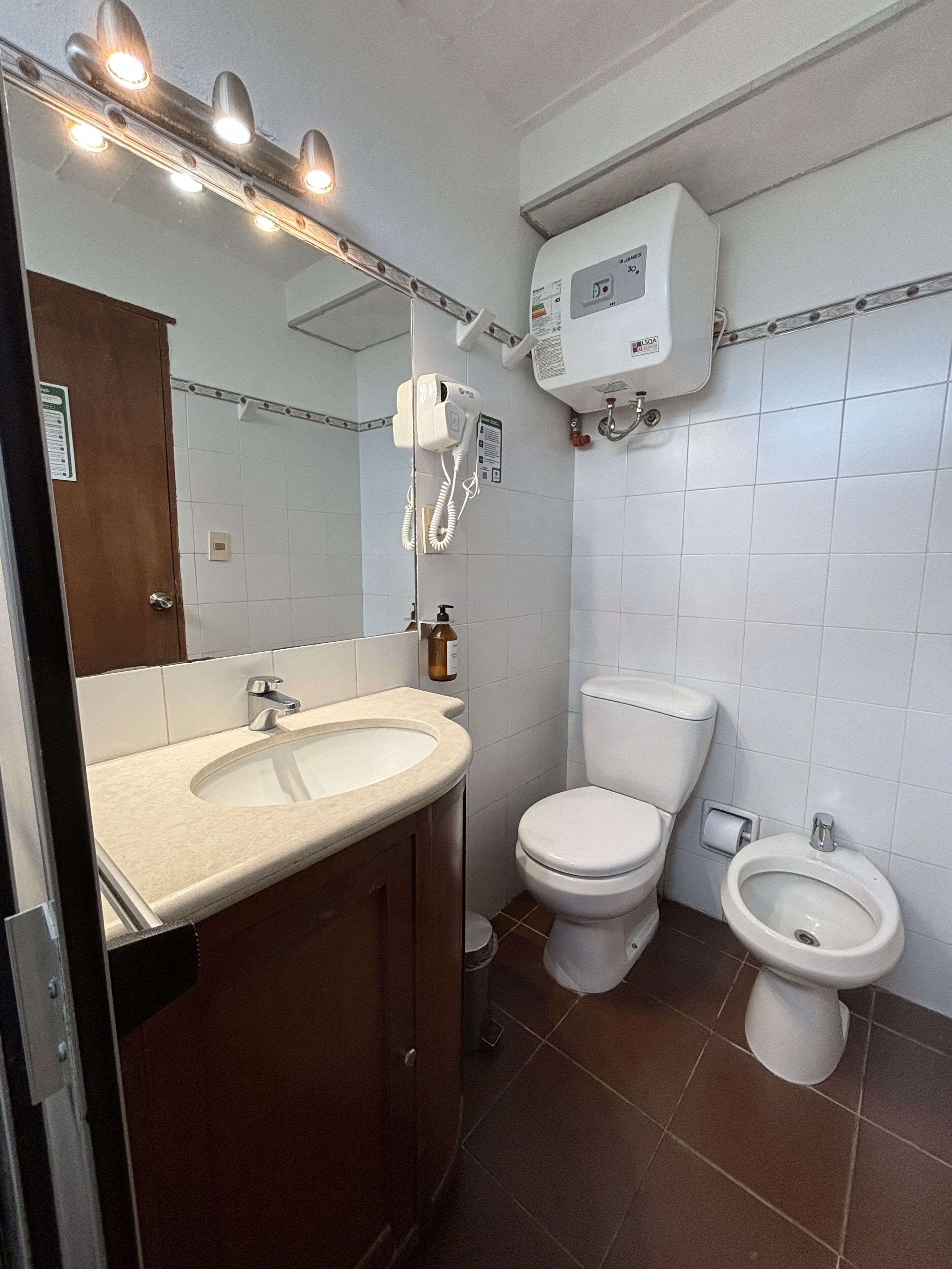 A bathroom with a sink, toilet, bidet, and a mirror.