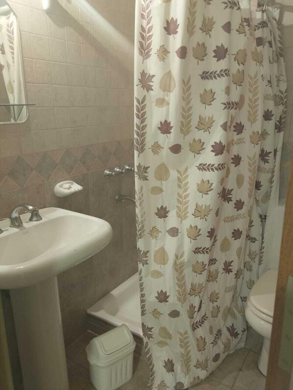 A bathroom with a sink, toilet, and shower curtain with a leaf pattern. - Balcon de Caseros (Salta)