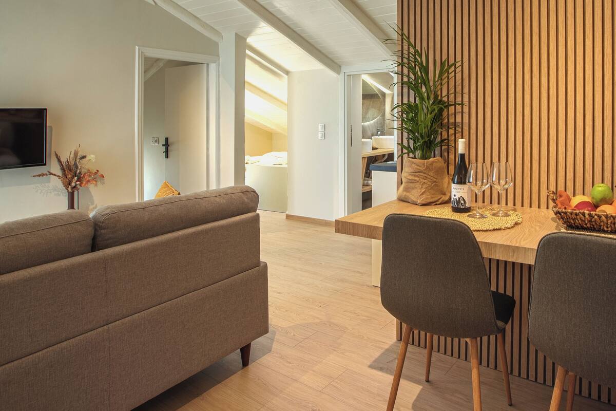 A modern living room with a sofa, dining table, chairs, and a TV.