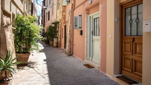 A narrow cobblestone street lined with buildings, potted plants, and a wooden door.