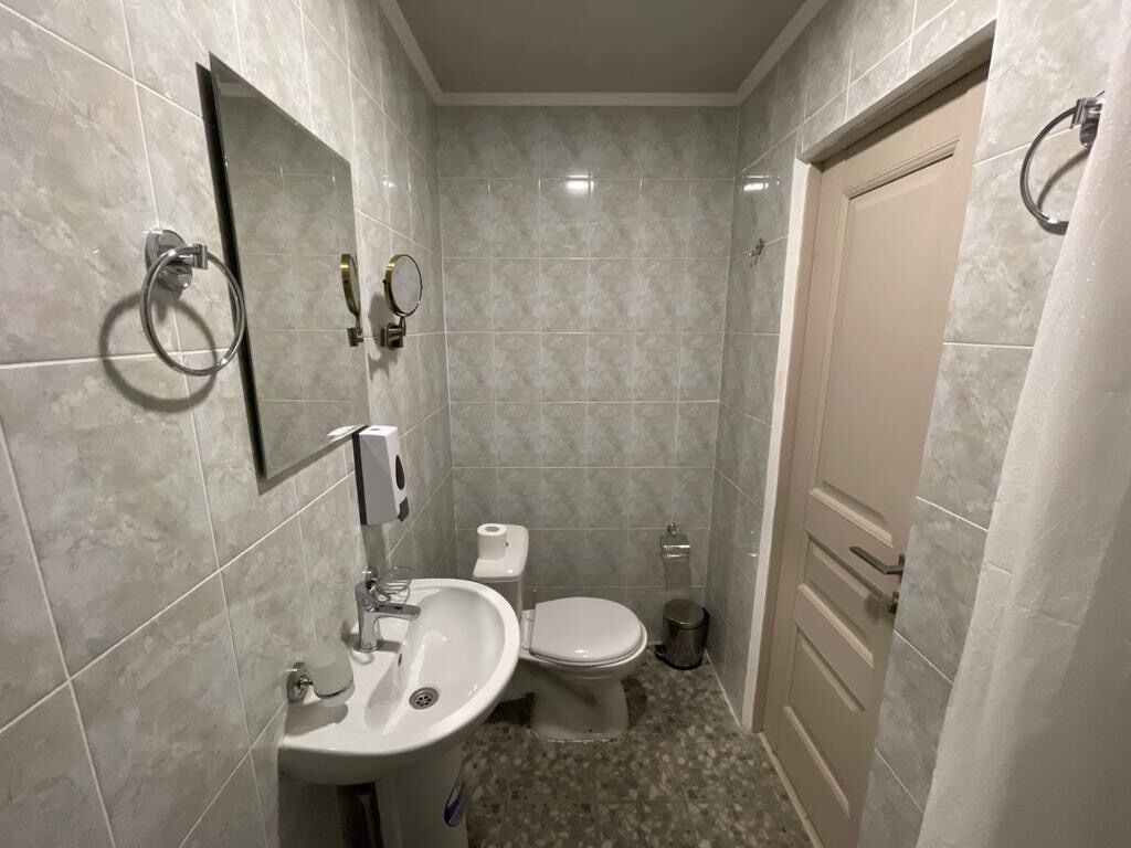 A bathroom with a sink, toilet, and mirror.