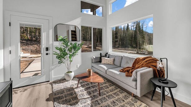 A modern living room with a sofa, coffee table, and a potted plant. - Tiny Cabin Getaway #6 @Unplug Resort, Sauna, Full Kitchen (Brian Head)