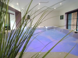 Un jacuzzi con elemento acuático, rodeado de plantas de interior y un diseño interior moderno.
