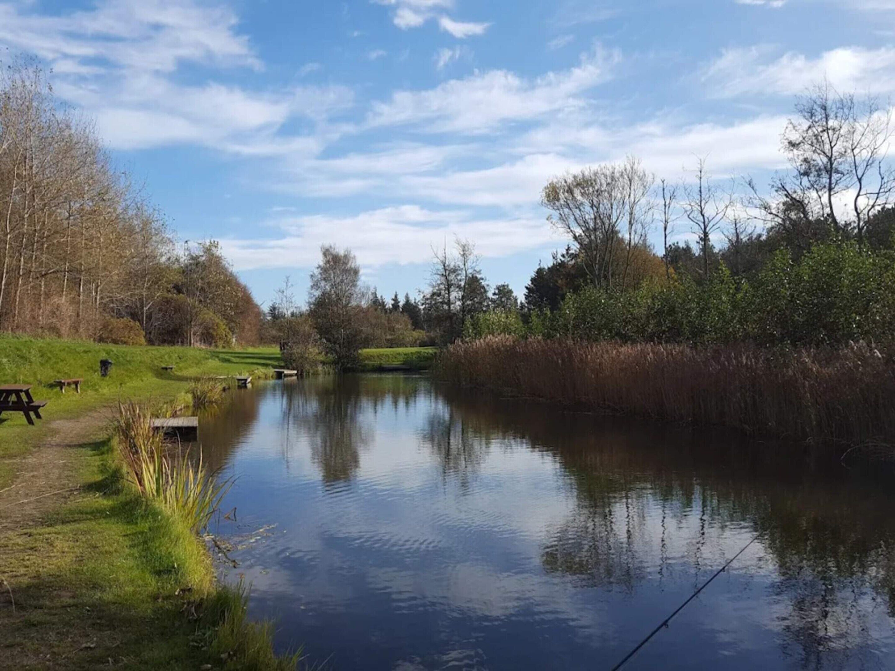 Un fiume tranquillo con un tavolo da picnic e un piccolo molo.