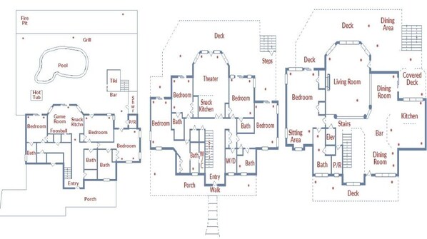 A floor plan of a hotel with multiple bedrooms, a pool, a theater, and a dining area.