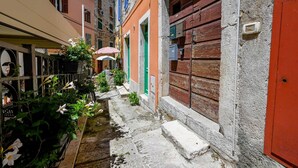 A narrow alleyway with a small garden area, a red door, and a green door. - Snug and Stylish Downtown Rovinj Apartment (Rovinj)