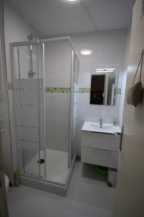A bathroom with a glass-enclosed shower, a white sink, and a mirror above it.