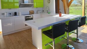 Eine moderne Küche mit einer großen Kochinsel, grünen Schränken und einer Holzzieldecke.