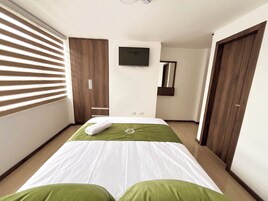 Una habitación de hotel con cama, televisión, armario y espejo.