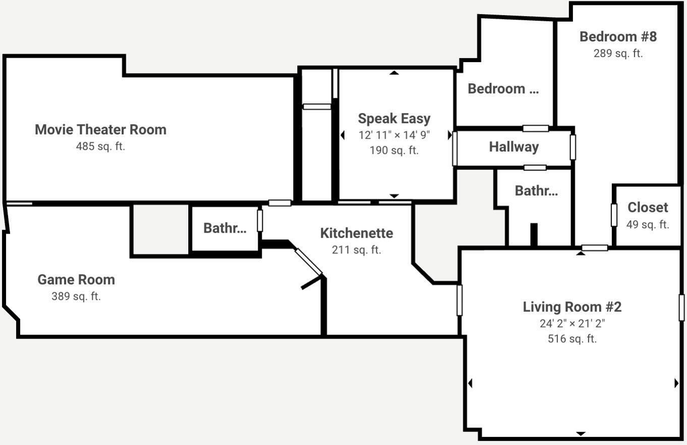 A floor plan with a Movie Theater Room, Game Room, Kitchenette, Living Room #2, and Bedroom #8.