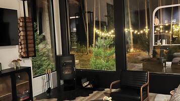 Smart TV, fireplace, books, stereo