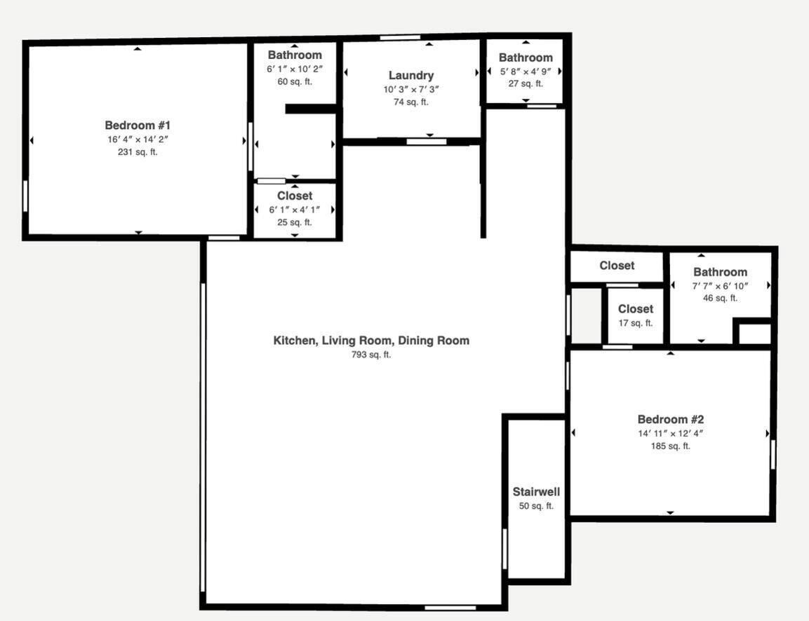 Un plan d’étage d’une propriété comprenant deux chambres, une cuisine, une salle à manger, un salon, deux salles de bain, un espace buanderie et un placard.