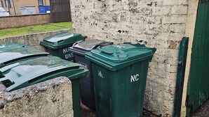 A row of green waste bins labeled "NC" against a brick wall. - Snug - Macushla Apartment (Helensburgh)