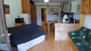A compact living space with a bed, a sofa, a dining table with chairs, and a kitchenette.