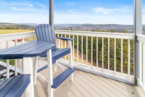 A deck with a table and chairs, overlooking a forested landscape.