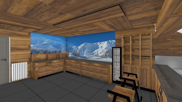 A room with wooden walls and ceiling, a large window with a mountain view, a bench, and a radiator. - Hotel Adler (Foppolo)