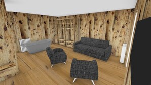 A room with a wooden wall, a grey sofa, two armchairs, a white radiator, and a white heater. - Hotel Adler (Foppolo)