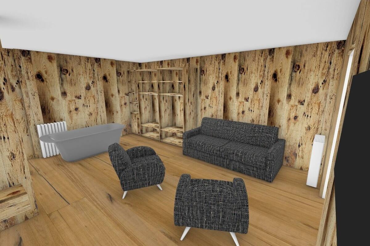 A room with a wooden wall, a grey sofa, two armchairs, a white radiator, and a white heater.