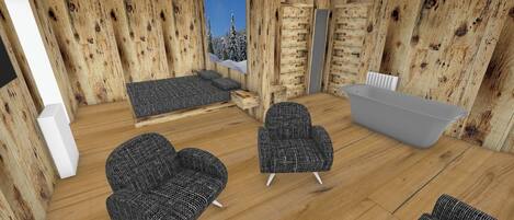 A room with wooden walls, a bed, two armchairs, a bathtub, and a radiator.
