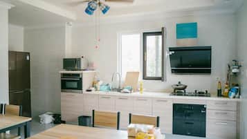 Mini-fridge, microwave, electric kettle, toaster