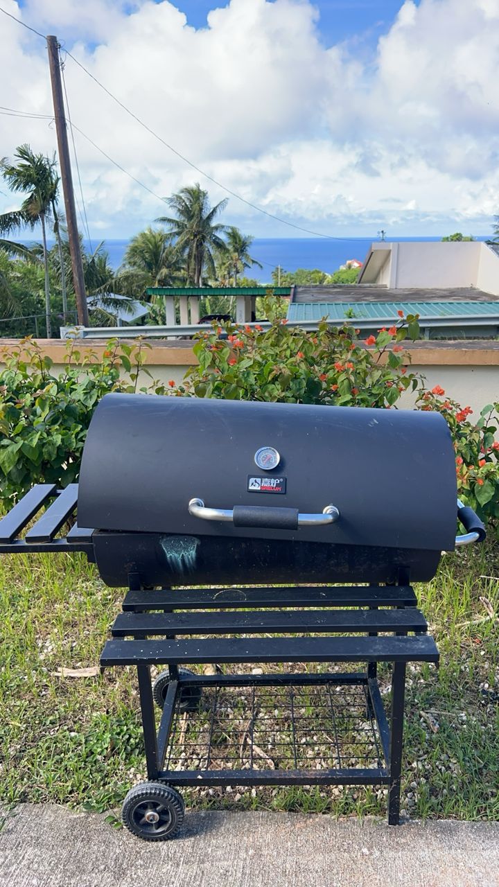 A portable grill with a digital thermometer, set on a wheeled cart, outdoors with a view of a house and palm trees in the background.
