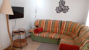 Een woonkamer met een groene bank, een flatscreen televisie, een decoratief kunstwerk aan de muur, een gevlochten mand en een grijze vloerkleed.
