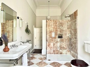 Hair dryer, towels, shampoo, toilet paper