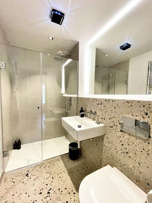 Dusche, Haartrockner, Handtücher, Shampoo