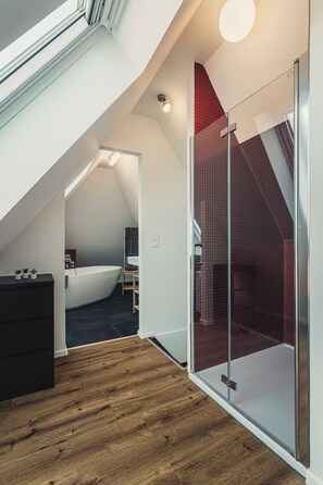 Grand Apartment, 1 Double Bed with Sofa bed, Non Smoking, Kitchen | Bathroom | Shower, hair dryer, towels, soap - Heimbach Apartments Lahr (Lahr)