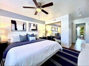 2 habitaciones, tabla de planchar con plancha y ropa de cama