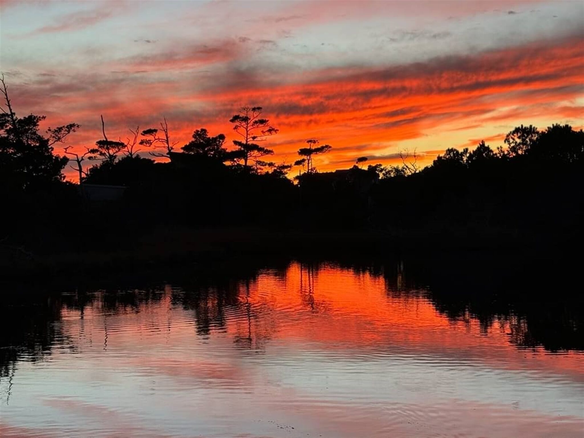 A sunset over a calm body of water with silhouettes of trees and a distant structure.