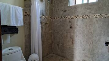 A bathroom with a shower, toilet, and a small window.