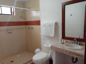 Enjoy a refreshing shower in this bathroom featuring a shower area, toilet, and sink with a mirror.