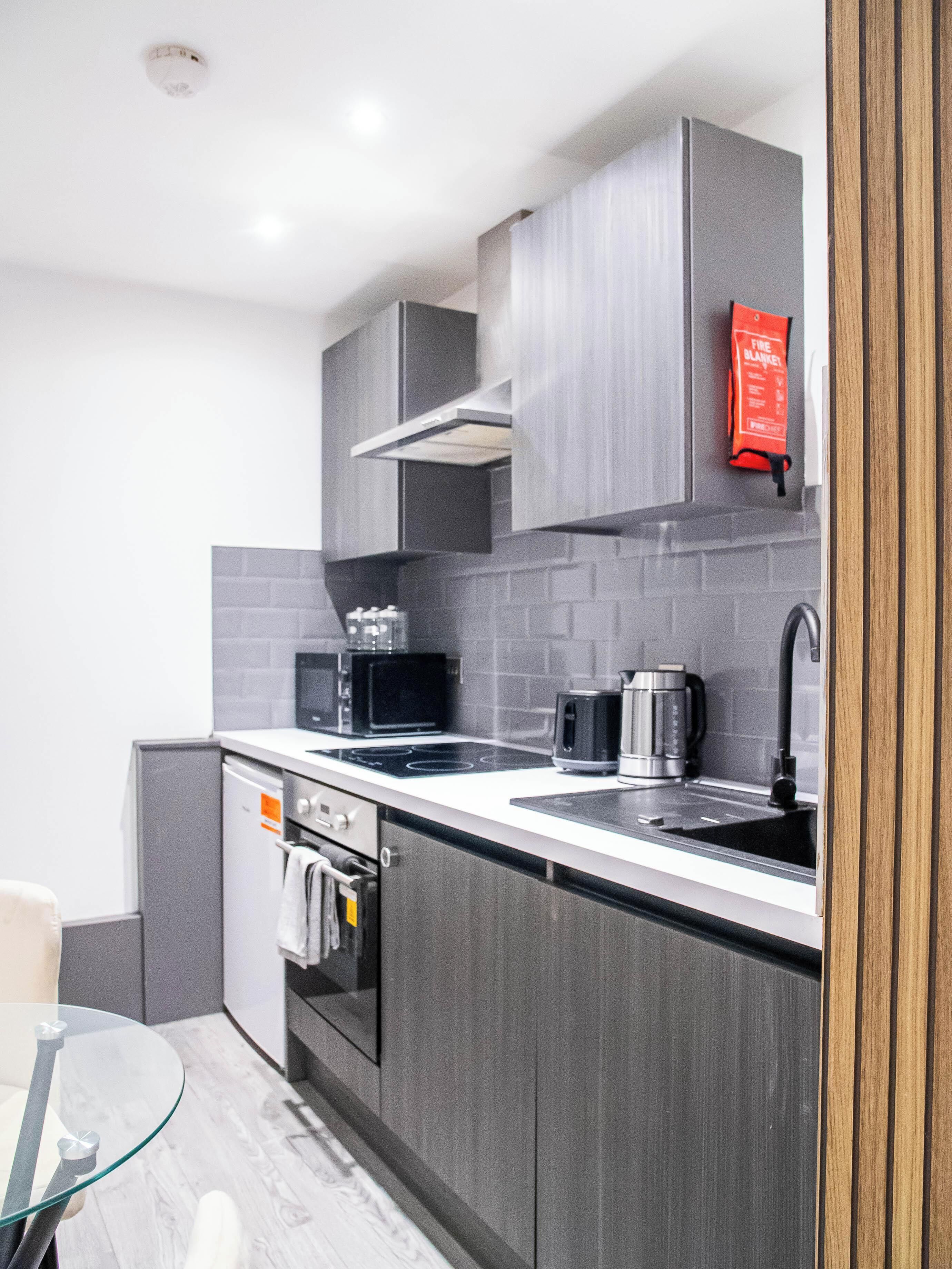 Apartment | Private kitchen | Fridge, microwave, oven, stovetop