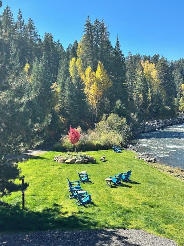 A grassy area with blue chairs and a red tree, surrounded by a forest and a river.