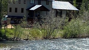 A house with a metal roof and a river in front.