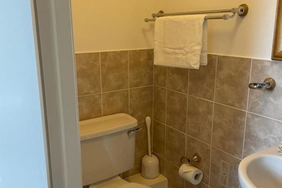 Shower, free toiletries, towels, toilet paper