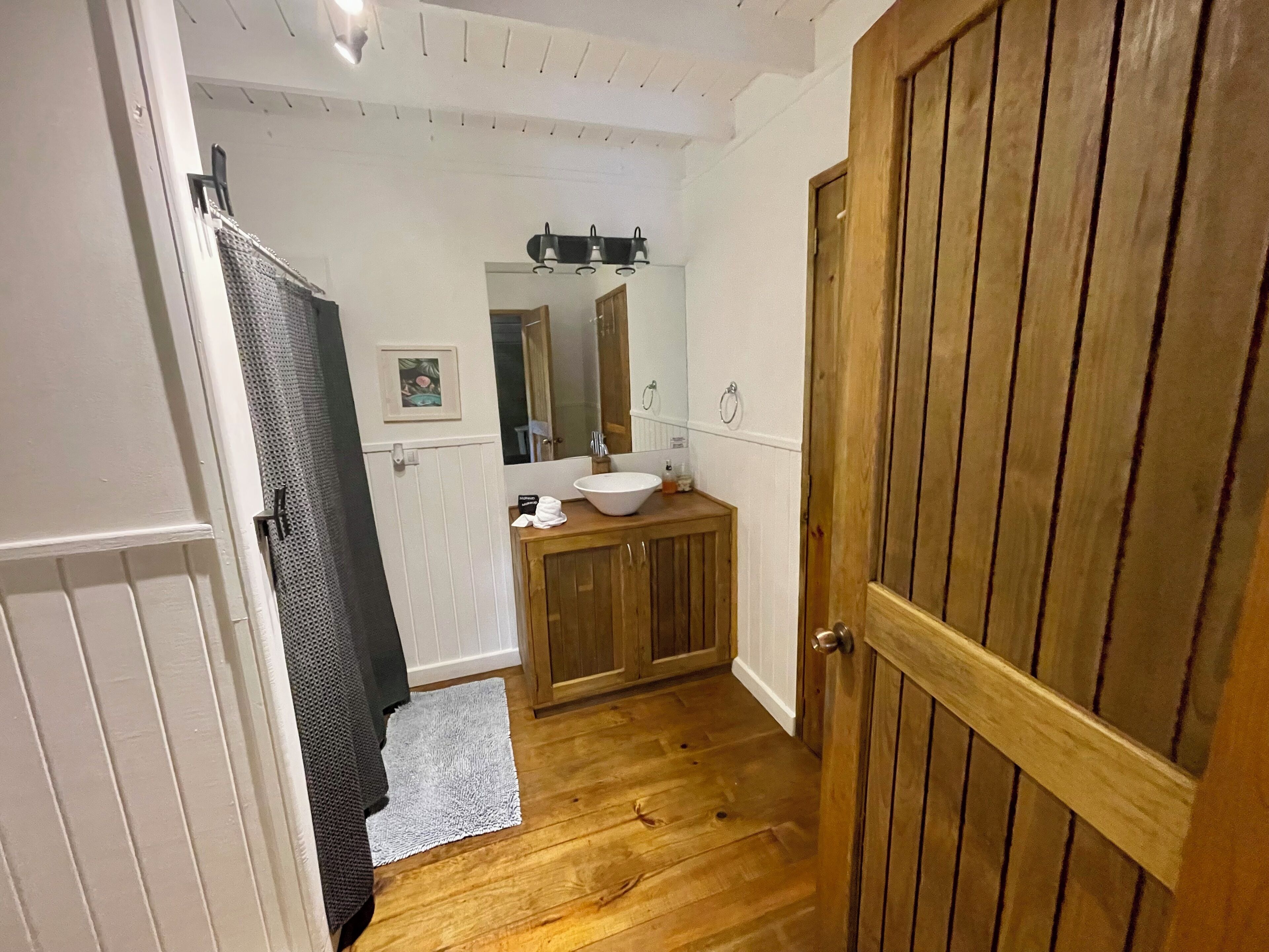 A narrow hallway leading to a bathroom with a wooden door, a sink, and a mirror.