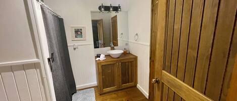 A narrow hallway leading to a bathroom with a wooden door, a sink, and a mirror.